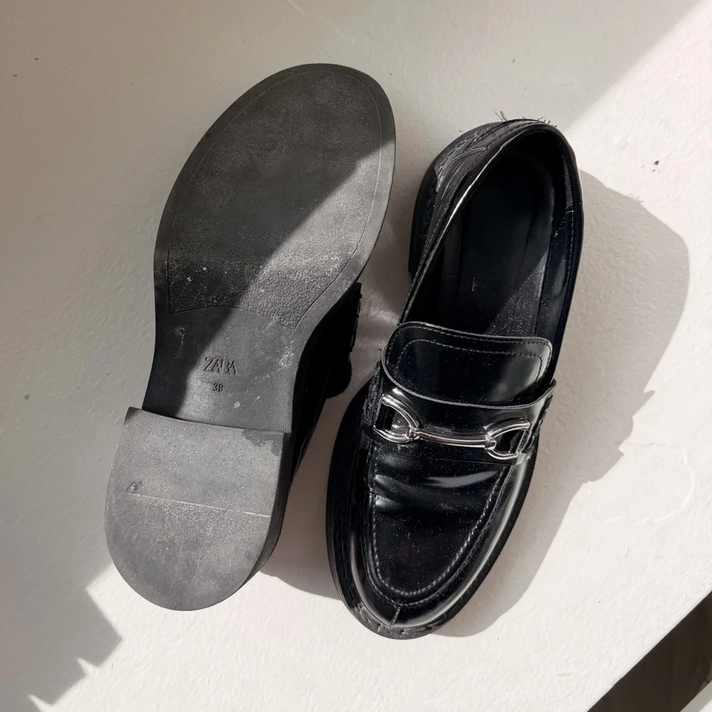 Zara Black Leather Loafers with Silver Hardware - Picture 3 of 3
